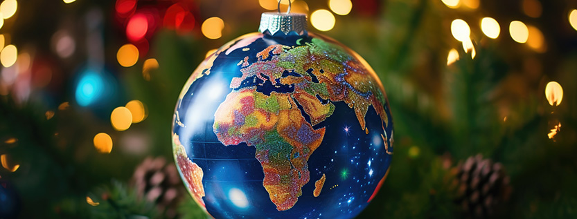 Ein Globus als Christbaumkugel – Symbolbild für das Internationale Weihnachtskonzert in Potsdam (Foto: tilialucida – stock.adobe.com)
