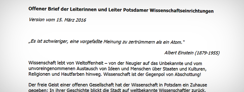 Offener Brief der Potsdamer Wissenschaftseinrichtungen